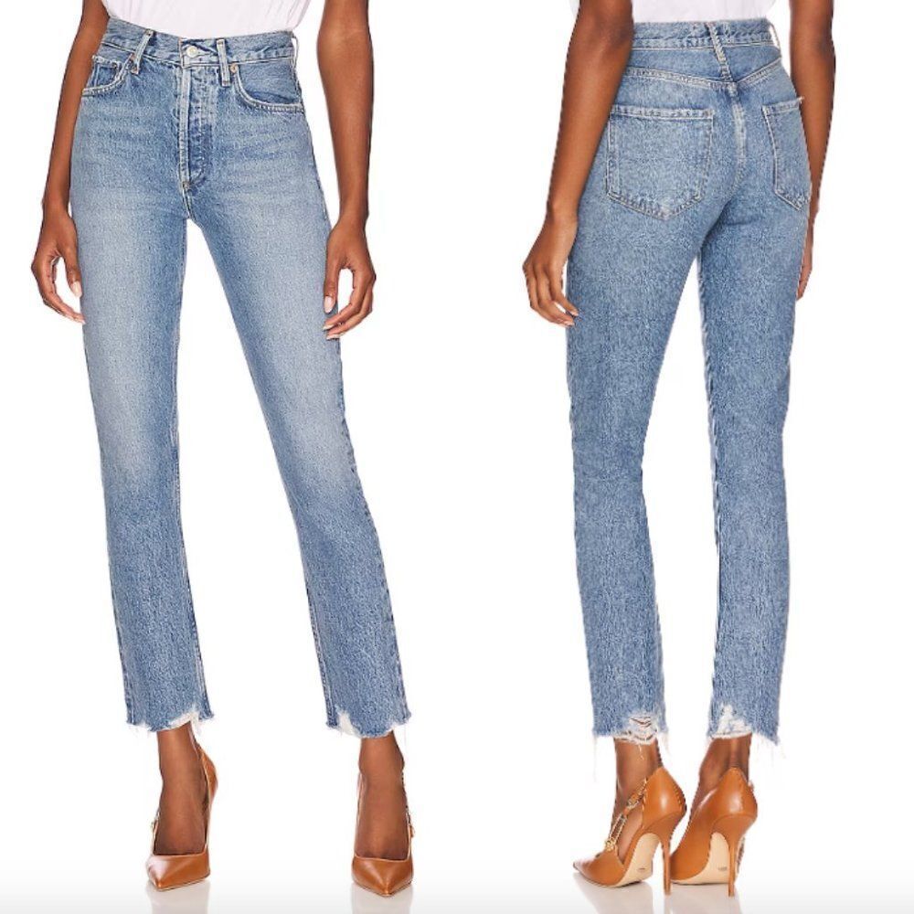 AGOLDE medium Haven wash indigo denim Riley high rise straight crop jeans